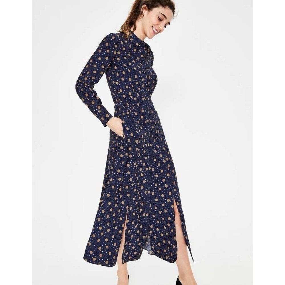 Boden Charlotte Shirt Polka Dot Maxi Dress size 10 Long Sleeve Navy Blue